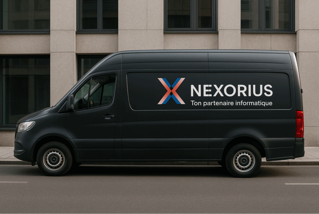Camion de nos techniciens avec notre logo vectorisé imprimé sur la carrosserie